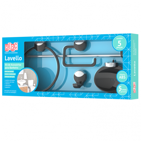 Kit Acessórios para Banheiro Lavello Preto e Cromado - Herc