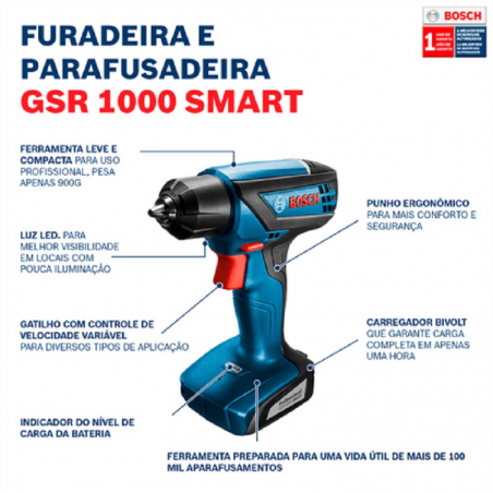Parafusadeira Furadeira a bateria 12V gsr1000 smart Bosch
